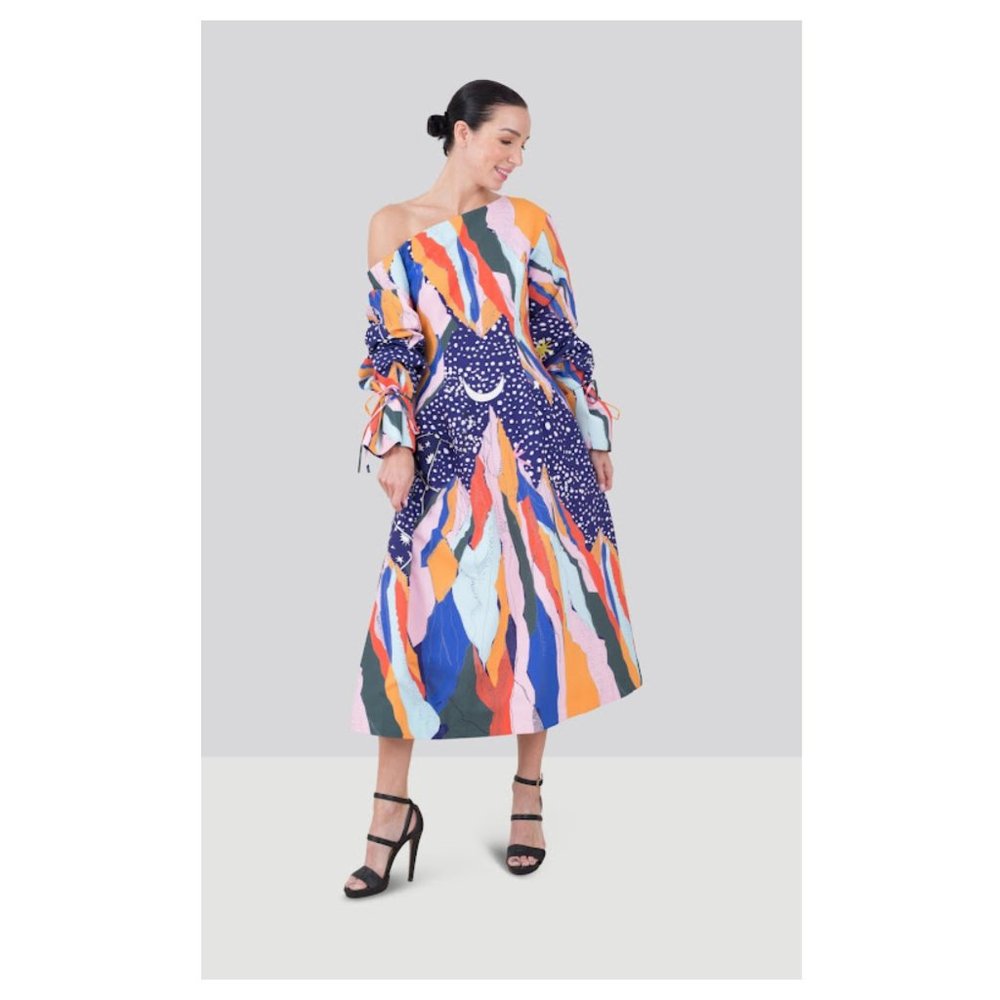 Colorful Abstract Print Off-Shoulder Midi Dress